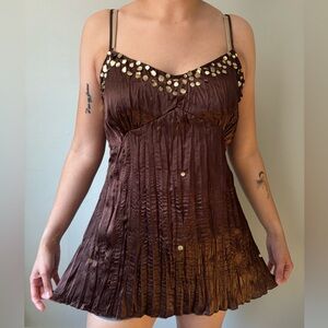Y2K Fairycore Chocolate Brown Boho Beaded Gold Sequin Slip on Top - Size Small